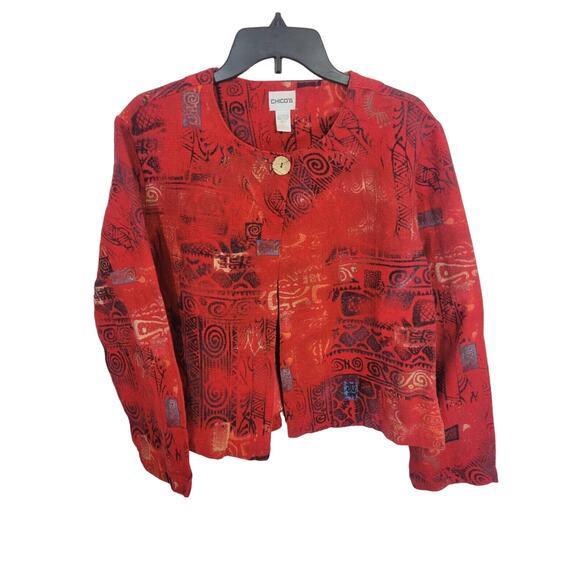 Chico's Red Southwestern Print Single-Button Career Blazer Jacket Sz 2 (12 - L) - Picture 1 of 10